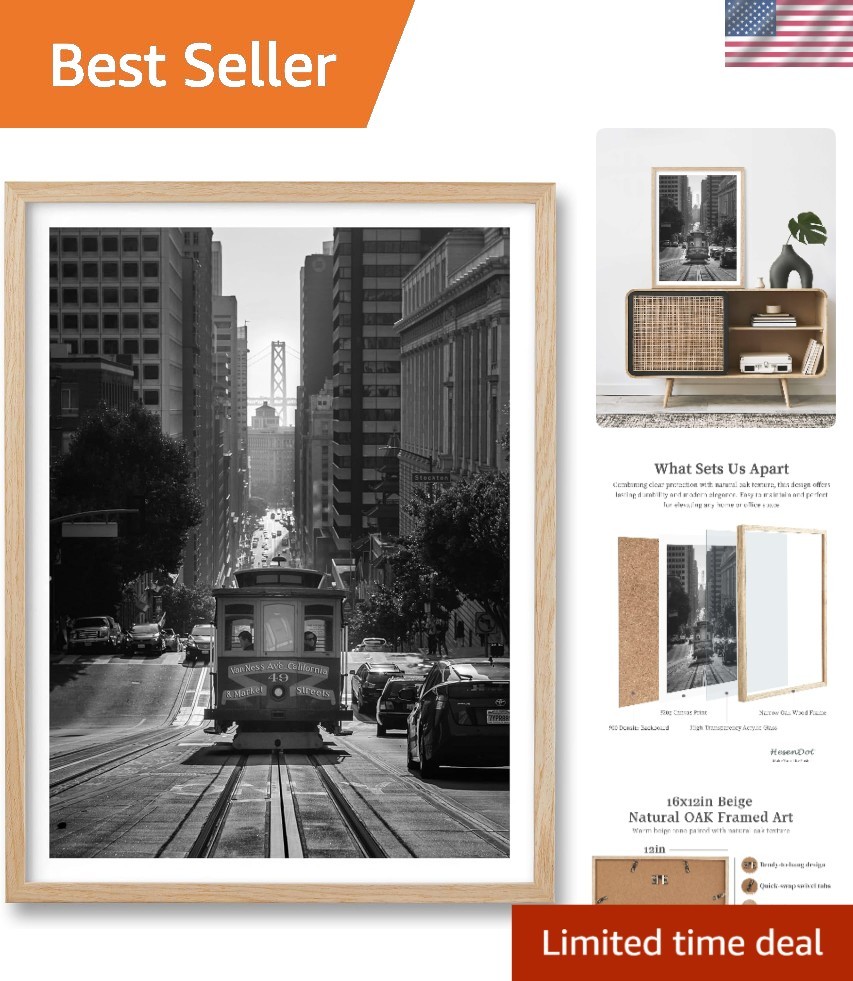 San Francisco Framed Wall Art,12x16in Black and White Cable Car Canvas Print,…
