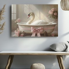 Canvas Wall Art a Swan Sitting in a Vintage Bathtub Adorned with a Large Pink