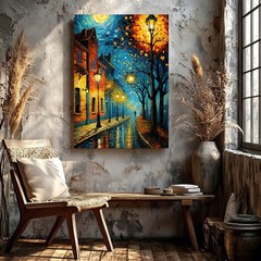 Wall Art Rainy Night Street Cityscape Canvas Print Lamp Post Moonlit Trees Home