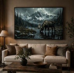 Majestic Moose in Misty Mountain Forest Canvas Wall Art – Rustic Nature Print
