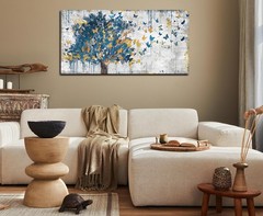 Large Canvas Wall Art Blue Tree Golden Butterflies Picture Abstract Grey Graf…