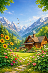 Digital Image Picture Wall Modern Art Mountain Cabin 4K Download