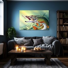 Northern Pike Fishing Painting Print on Framed Canvas Wall Art Fisherman Gift