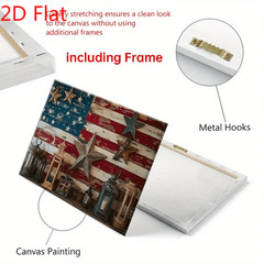 Vintage Flag Metal Stars Lanterns Canvas Wall Art, Rustic Patriotic Decor