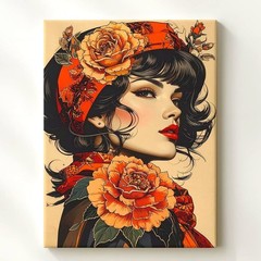 Bohemian Floral Portrait Canvaswoman In Profile With Rose And Patterned Scarf