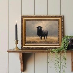 Vintage Gold Framed Wall Art, Black Sheep Canvas Oil Painting, Neutral Farmho…