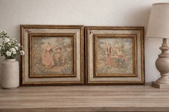 Vintage French Country Romantic Couple Tapestry Style Prints Set Gold Frame