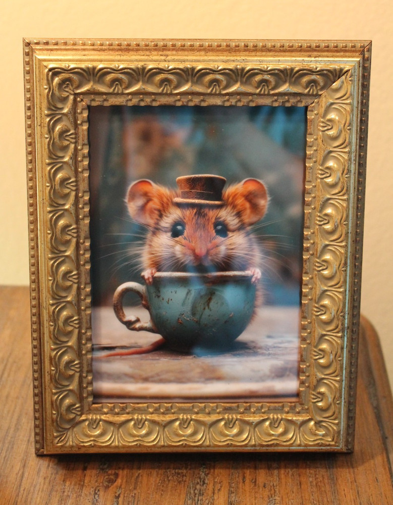 Mouse in a Teacup Wearing a Hat 5″ x 7″ Framed Print Picture Whimsical Photo