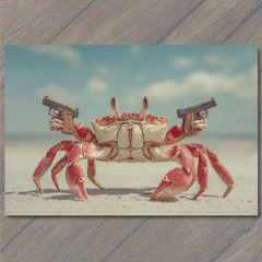 Art Print Sea Crab Holding Pistols Funny Guns Claws Beach Humor Art