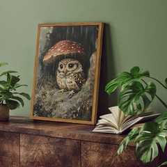 Framed Vintage Owl Canvas Wall Art, Cute Bird Mushroom Pictures Wall Decor, C…