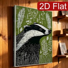 Badger Woodcut Green Canvas Wall Art, Botanical Wildlife Home Decor