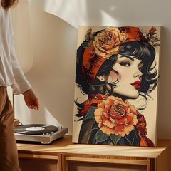 Bohemian Floral Portrait Canvaswoman In Profile With Rose And Patterned Scarf