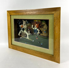 Vintage Dogs Playing Pool Billiards 3D Diorama ~ Wood Frame 18 x 13 ~ Very Good