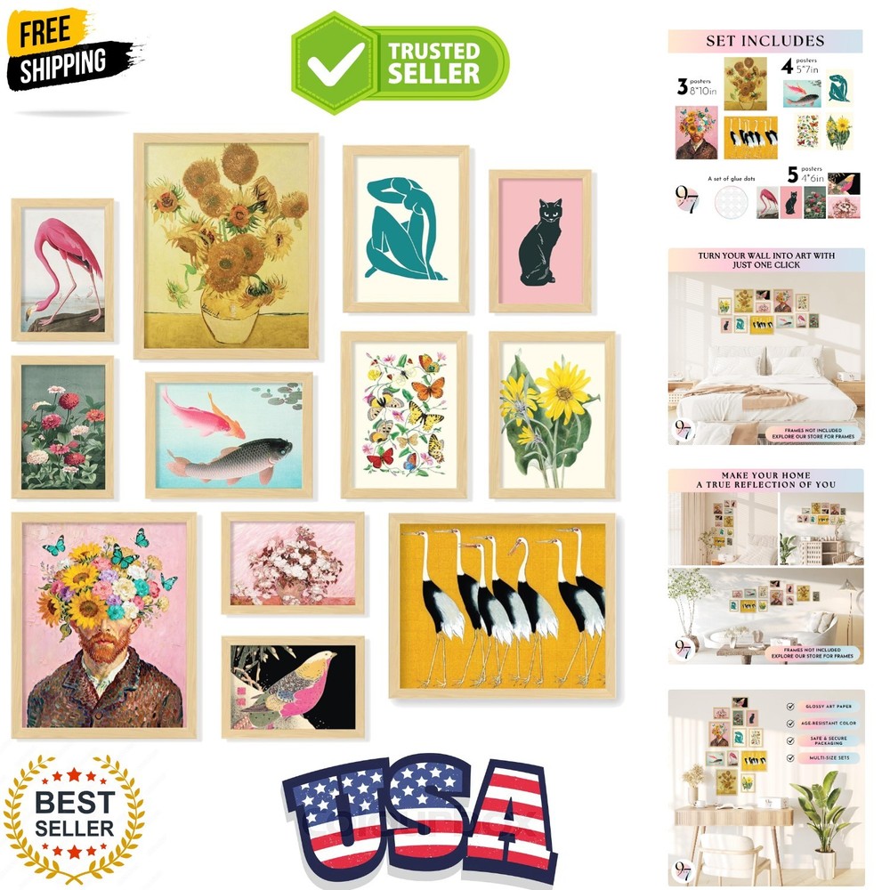 12 Pcs Eclectic Wall Art Set – Trendy Maximalist Wall Decor, Cool Funky Poste…