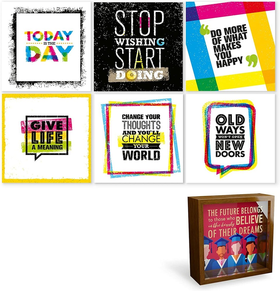 MOTIVATIONAL WALL ART PRINTS, SET OF 6 INSPIRATIONAL POSTERS + 6x6x2″ SHADOW BOX