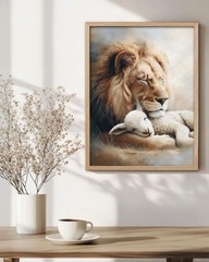 Natural OAK Wood Beige Christian Framed Wall Art, 12×16 in Lion and Lamb Canv…