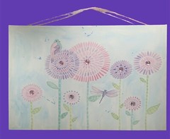 Large Floral Print Happy PomPom Flowers Rhinestones Glitter Bird Dragonfly 24×36