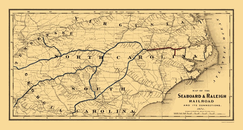 Railroad Map – Seaboard and Raleigh Railroad – Colton 1874 – Vintage Wall Art