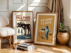 Retro Nature Art Print Set of 3, Lake House Cabin Wall Decor, Wilderness