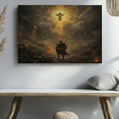 Medieval Warrior Facing Glowing Divine Figure in Dark Apocalyptic Canvas Art