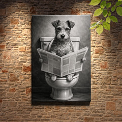 Jack Russell Terrier on Toilet Reading Newspaper Black White Canvas Art
