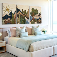 3 Pieces Mountain Landscape Sun Trees Earthy Tones Large Wall Art Canvas Decor