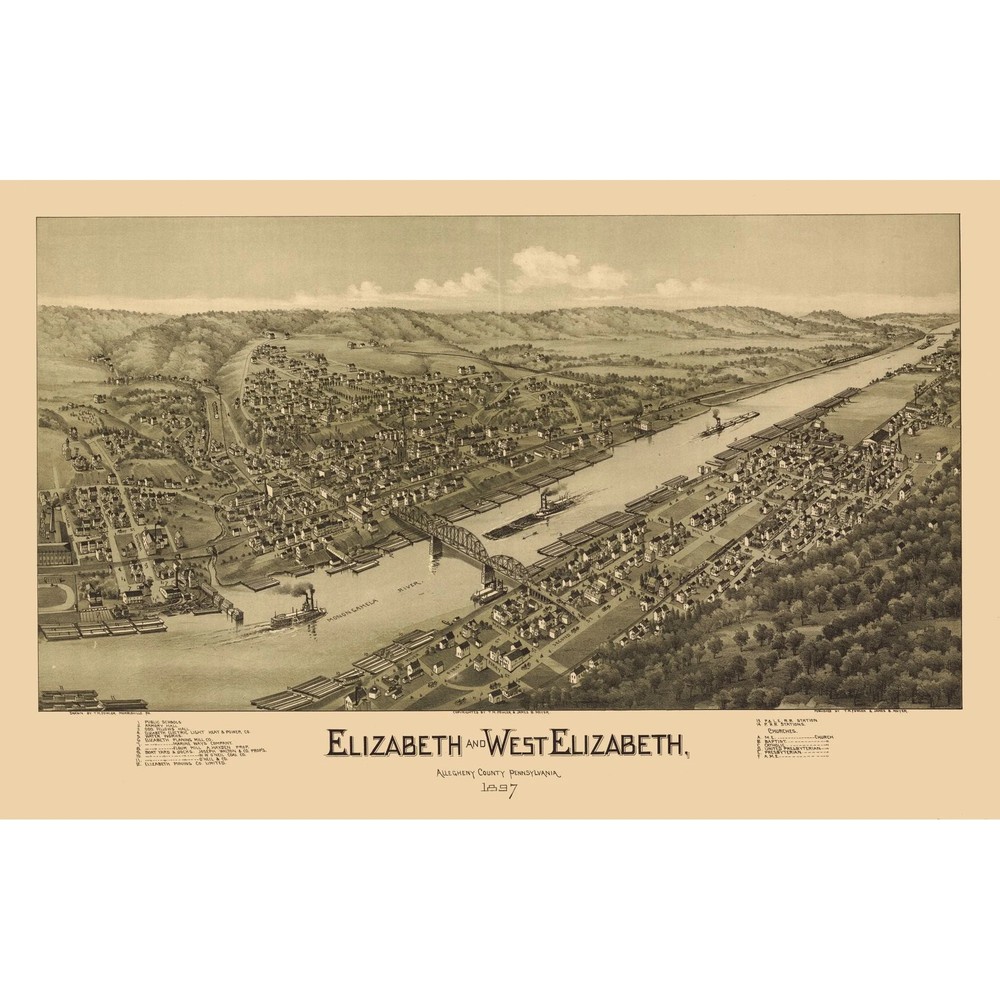 Historic Panoramic View – Elizabeth Pennsylvania – Fowler 1897 – Vintage Wall
