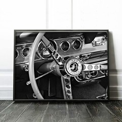 Ford Mustang Interior Black and White Classic Retro Cars Wall Art Poster Print