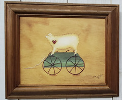 Pig with cart Farmhouse cottage core stained wood 8×10 framed wall picture