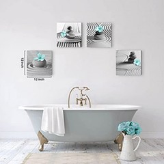 Gray Wall Art Zen Wall Art Teal Floral Paintings Black and White Decor Zen St…