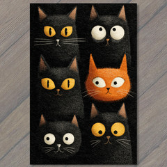 Art Print Whimsical Cartoon Black Cats With Big Wide Eyes Funny Orange Halloween