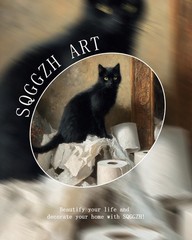 Vintage Black Cat Art Print Mischievous Kitten Painting Funny -8″ x 10″-UNFRAMED