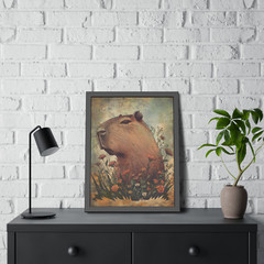 Retro CAPYBARA FLOWER Wall Art, Botanical Floral Wildlife Rodent Nature Poster