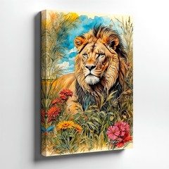 Wall Art Lioness Portrait Print White Flowers Botanical Wildlife Canvas Decor