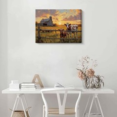 Rustic Farm Landscape Wall Art, Barn Cows Sunset Scene Canvas Print, Vintage …