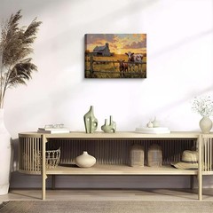 Rustic Farm Landscape Wall Art, Barn Cows Sunset Scene Canvas Print, Vintage …