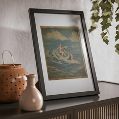 LOCH NESS MONSTER Art, Vintage Girl Riding Nessie Poster, Retro Cryptid Ocean