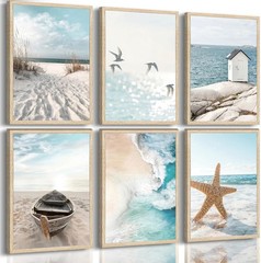6 Pcs Coastal Poster Wall Art,Seaside Wave Beach Painting Picture Wall Decor,…