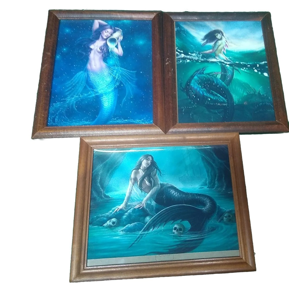 3 Mermaid themed Framed Glossy Prints in vintage frames. Pirate, risque,Mythical