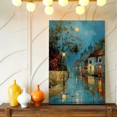 Wall Art Rainy Night Street Scene Village Houses Moonlight Painting Print Decor