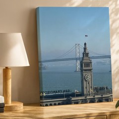 San Francisco Ferry Building Clock Tower With Bay Bridge Canvas Wall Art Print