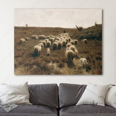 A Shepherd and his Flock Sheep Lamb Landscape Painting Canvas Print Wall Art