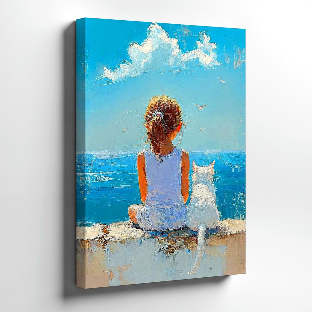 Wall Art Girl and White Cat Ocean View Canvas Print Coastal Blue Sky Painting