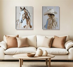 2pcs Framed Western Cowboy Girl Wall Art Oil painting style Cowboy Girl and H…