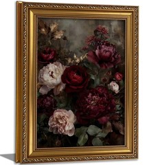 Vintage Gold Framed Floral Wall Art Dark Moody Flower Botonical Canvas Painti…