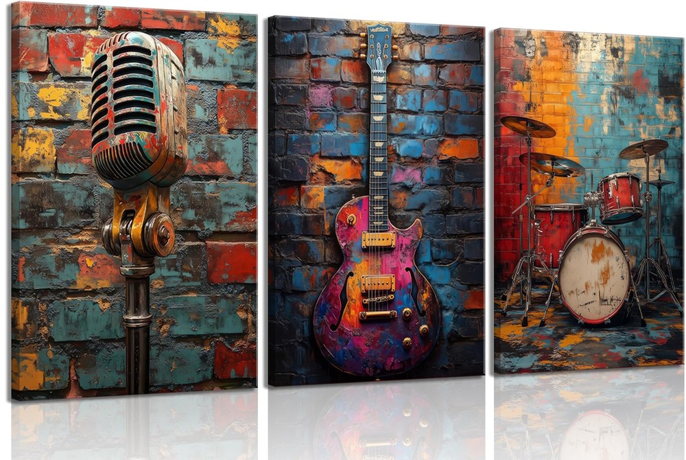 3Pcs Graffiti Musical Instruments Canvas Wall Art Cool Music Theme Posters Pr…
