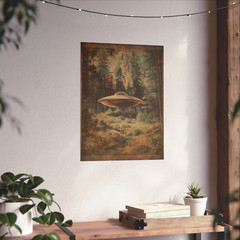 UFO ALIEN FOREST Fine Art Print, Retro Sci-fi Cryptid Poster, UAP Flower Decor