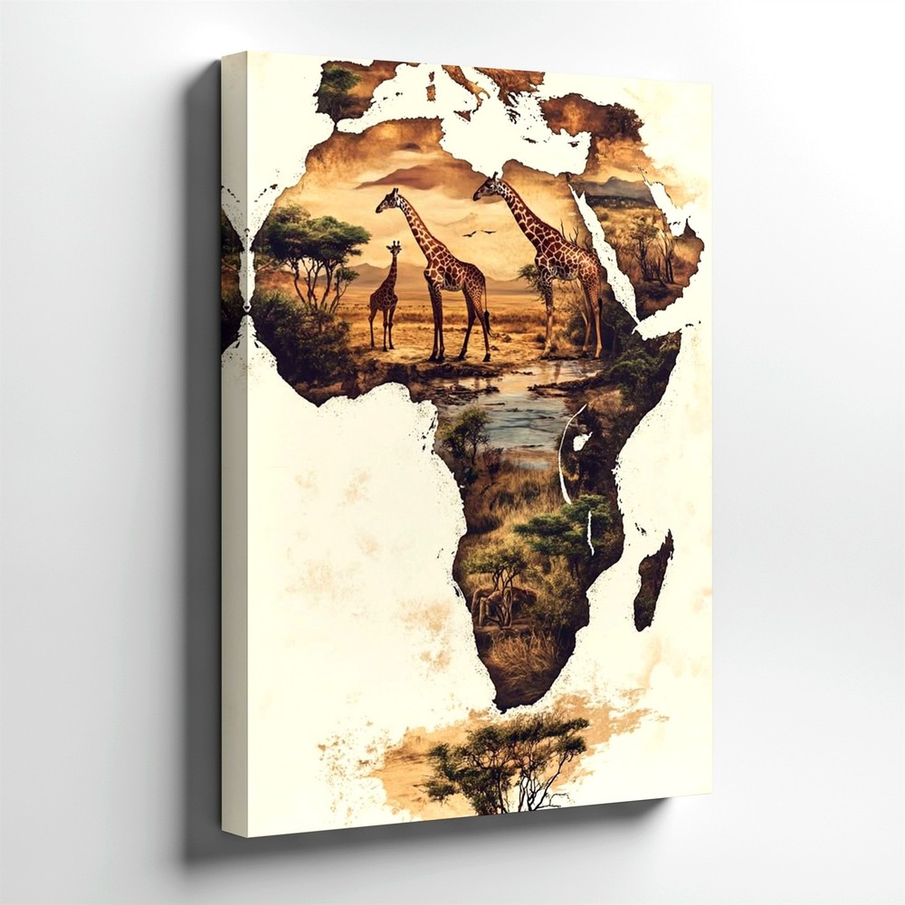 Wall Art Africa Map Giraffe Safari Landscape Wildlife Canvas Print Home Decor