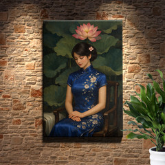 Woman in traditional dress with lotus Canvas Art, oriental portrait painting