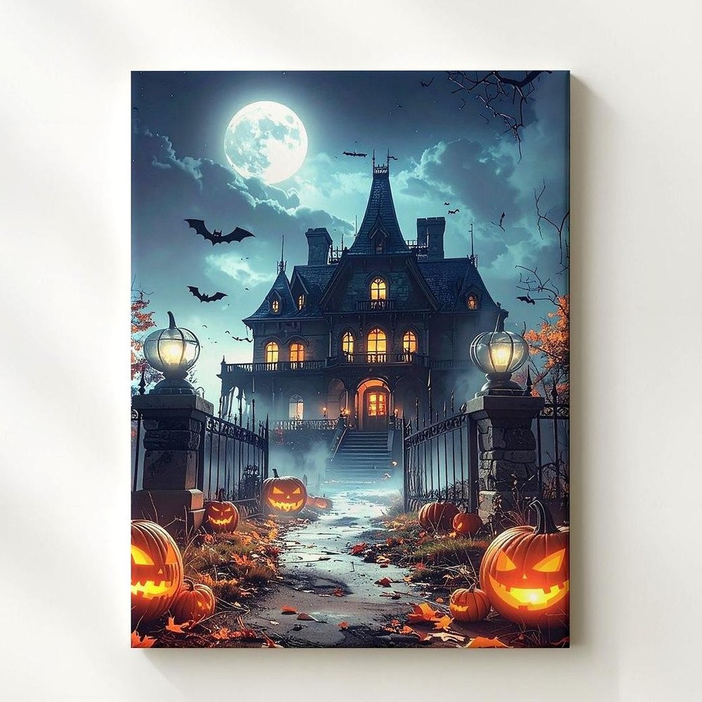 Wall Art Haunted Mansion Halloween Canvas Gothic House Under Moonlight